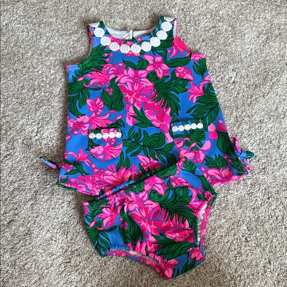 Lilly Pulitzer Baby Knit Shift in Safari Sunset Pink and Green Floral Baby Dress